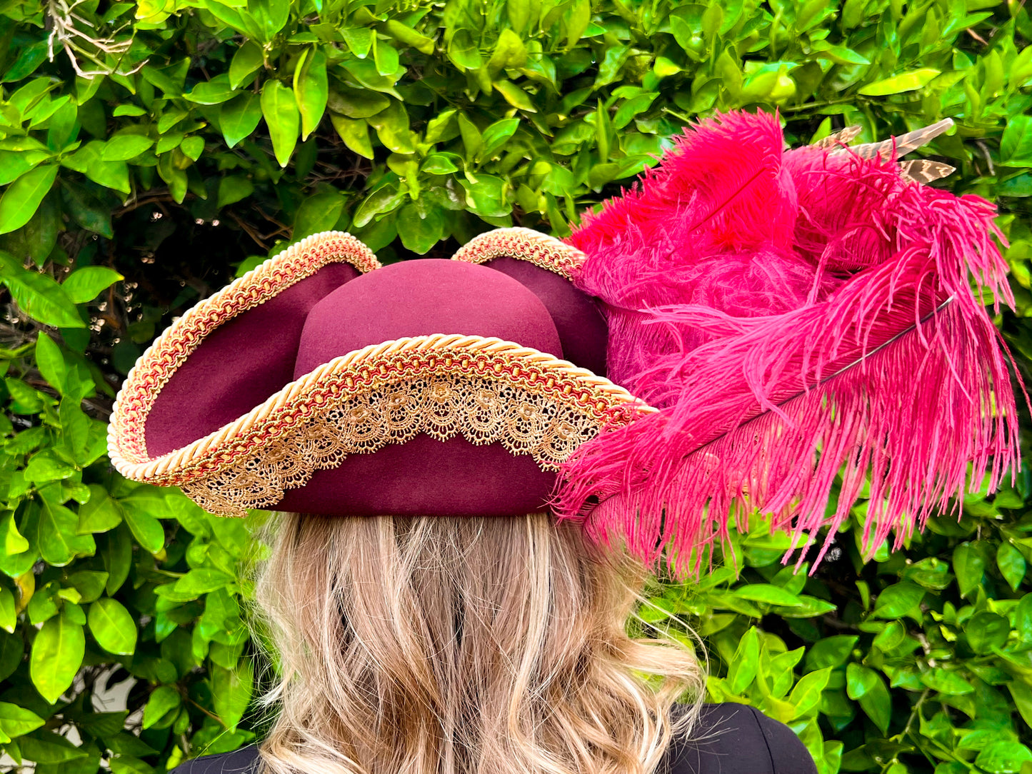 Tricorn Hat 21.75" Maroon Wool Base with Gold Trim, Feathers, and Vintage Brooch