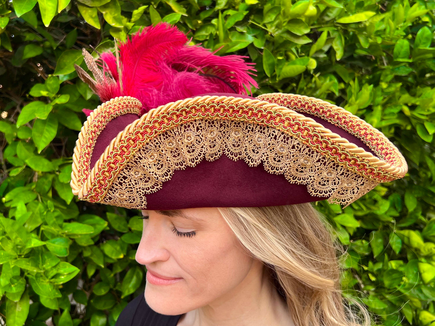 Tricorn Hat 21.75" Maroon Wool Base with Gold Trim, Feathers, and Vintage Brooch