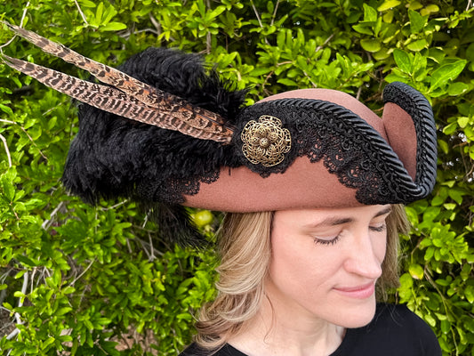 Tricorn Hat 22" Brown Wool Base with Black Lace Trim, Feathers, and Brooch