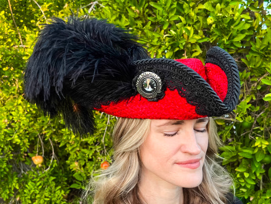 Tricorn Hat 22" Red Painted Straw Base with Black Trim, Feathers, and Silver Brooch