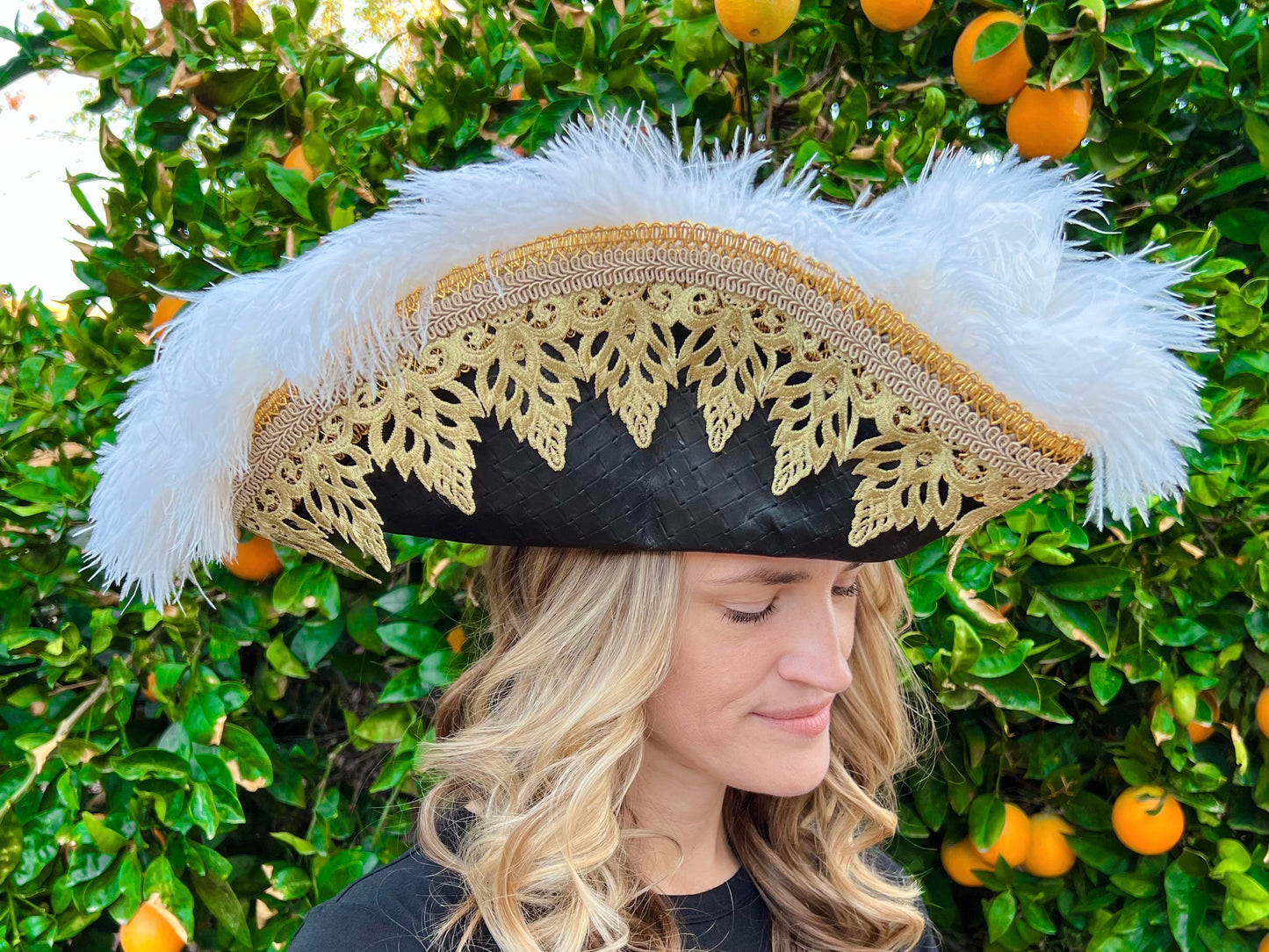 Tricorn Hat 23.75" Captain Hook Black Leather Base with Gold Trim, and Feathers